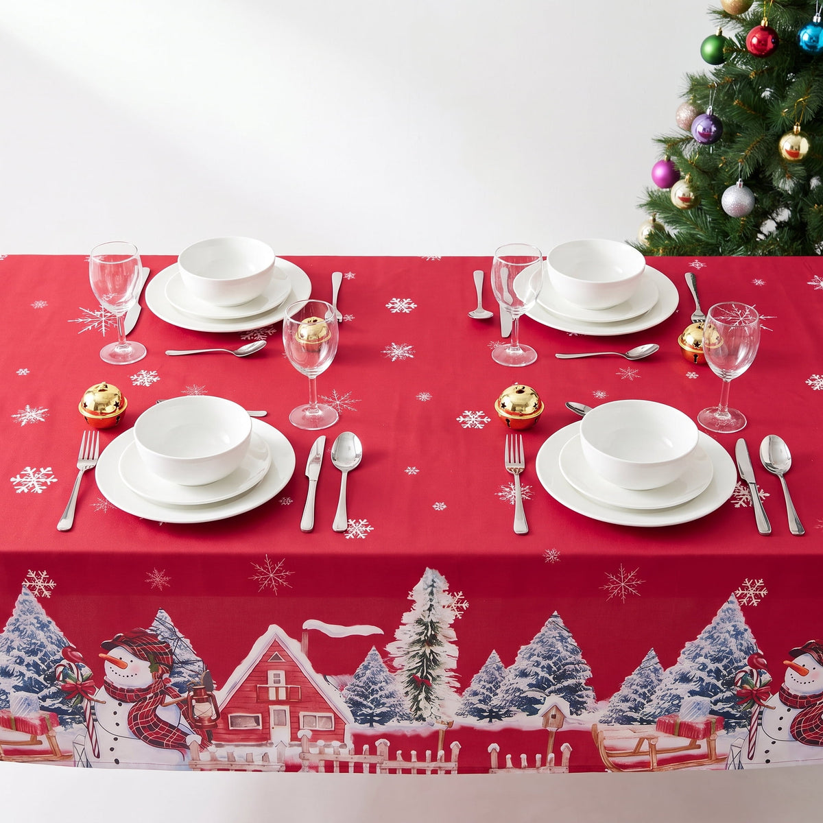 LUSHVIDA Christmas Tablecloth Rectangle, Winter Snowman House Christmas Trees Red Washable Table Cover for Party Picnic Dinner Decor, 60" x 84"