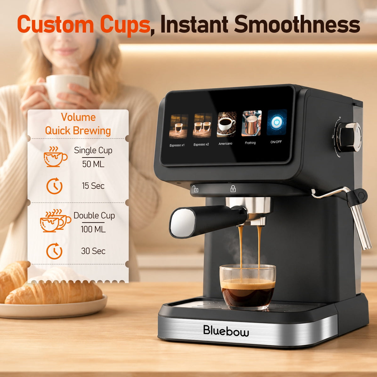 Espresso Machine with Milk Frother Steam Wand, 20 Bar Color Touchscreen Coffee Maker for Americano Cappuccino Latte, Compact for Home Office, Black