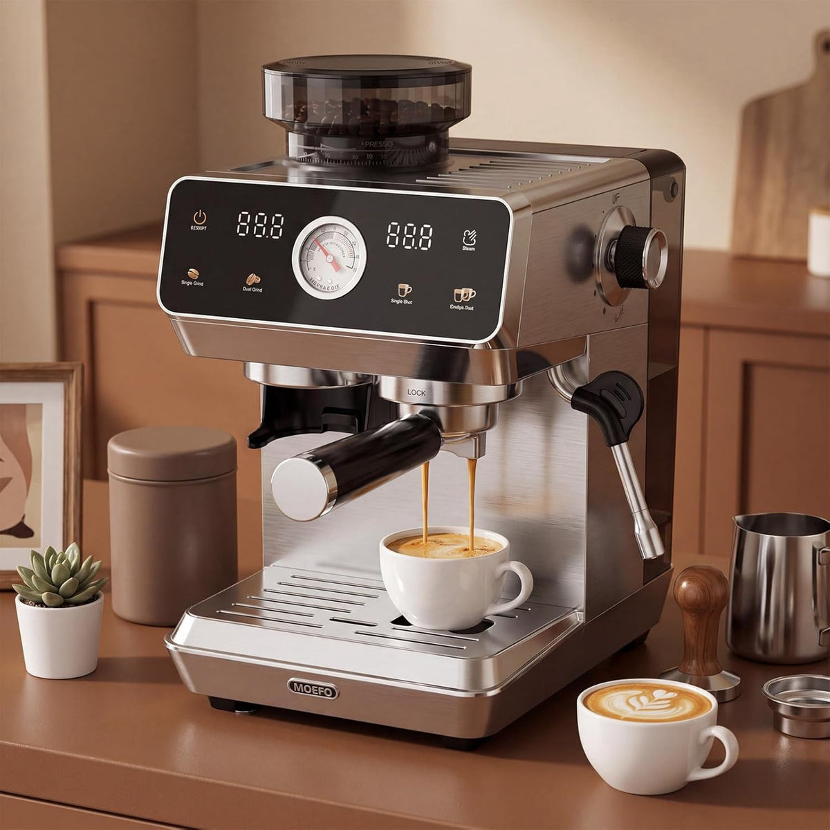 MOEFO Espresso Machine with Grinder, 20 Bar Programmable Semi-Automatic Coffee Maker, Visual Pressure Gauge & Touchscreen, Compact Design with 44-Grind Settings, Make Americano, Latte