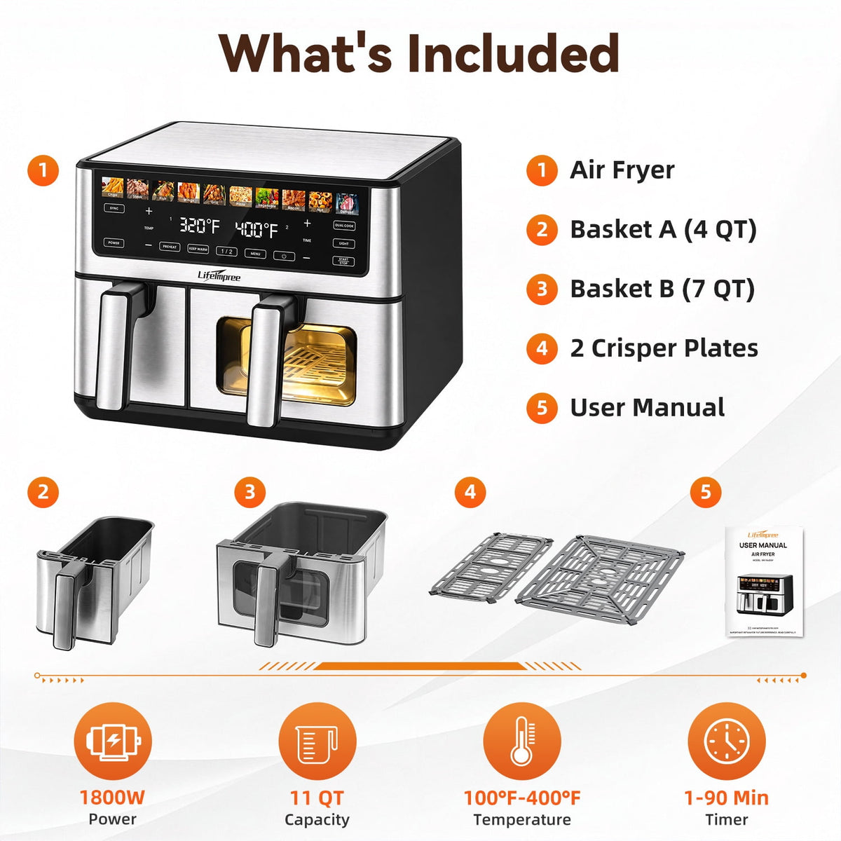 LifeImpree 11 QT Dual Basket Air Fryer with Viewing Window, 1800W Digital Air Fryer, Sync Finish & Dual Cook, 12 One-Touch Presets, 100°F–400°F