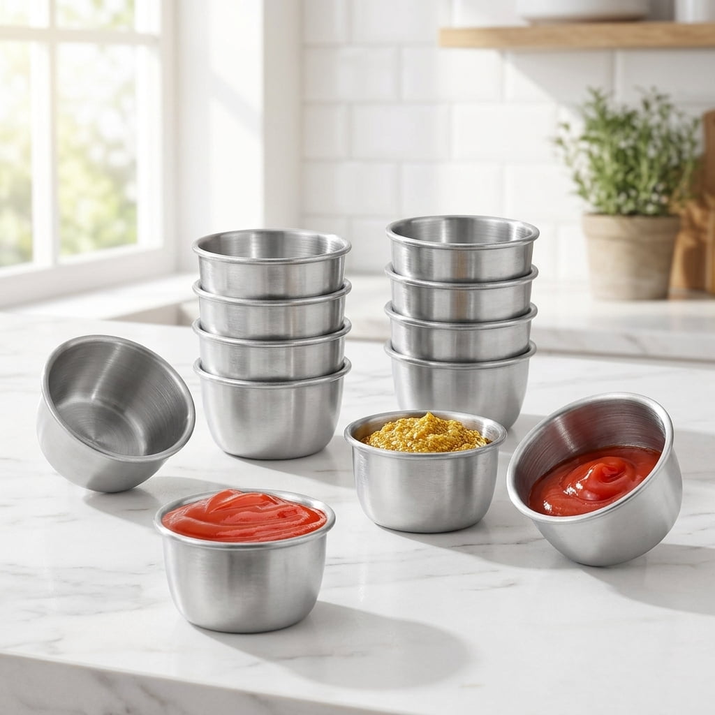 12Pcs 1.5oz Stainless Steel Dipping Sauce Cups, Reusable Metal Ramekins for Condiments & Portion Control, Stackable Mini Bowls for Meal Prep & Ketchup