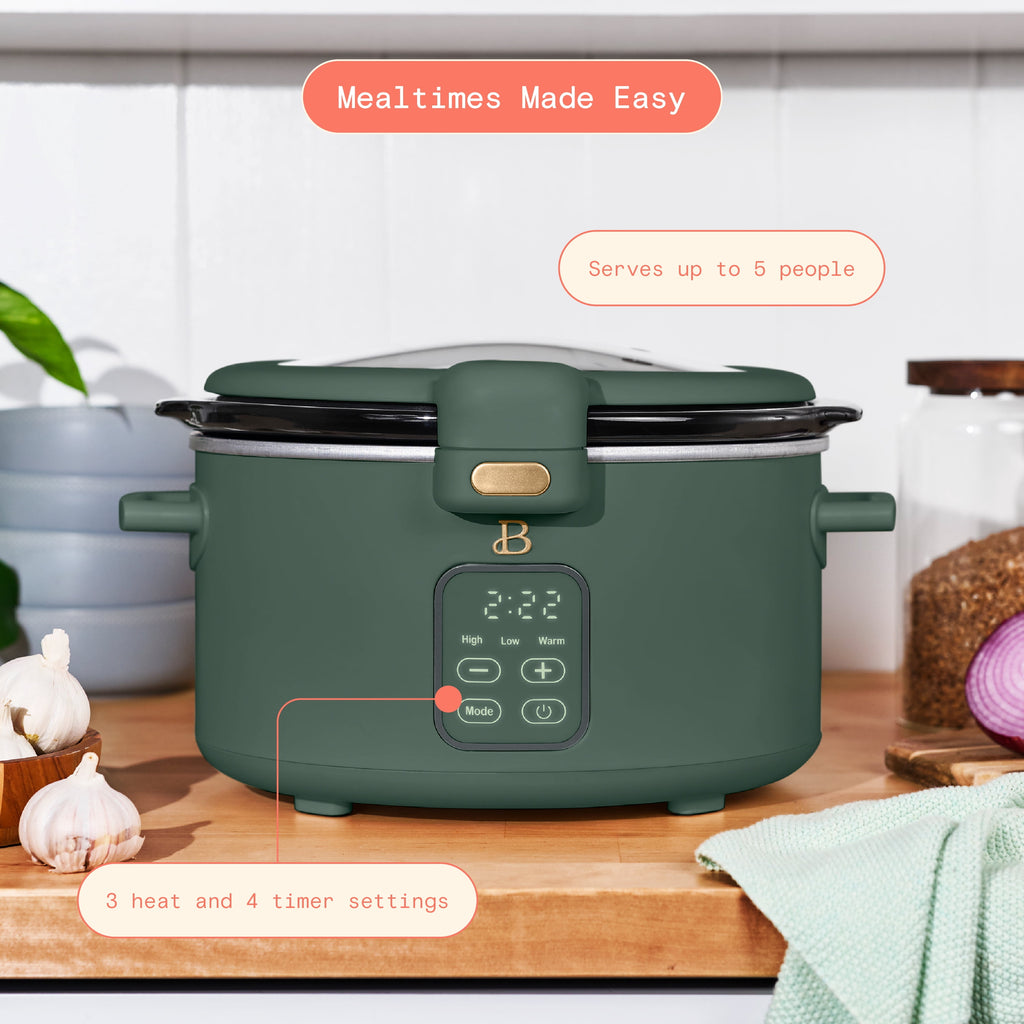 Beautiful 4 Qt Digital Slow Cooker with Hinged Locking Lid, Thyme Green by Drew Barrymore