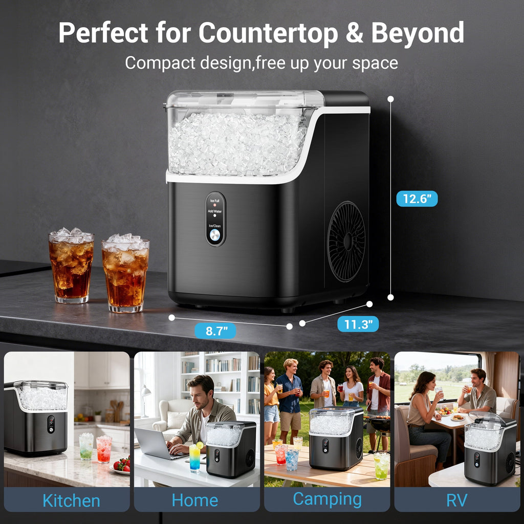 Snowyermine Nugget Ice Maker Countertop, 35 lbs per Day, Soft, Chewable Sonic-Style Pebble Ice, One-Touch Self-Cleaning, Stainless Steel, Black, for Home, Kitchen, Office, RV and Camping