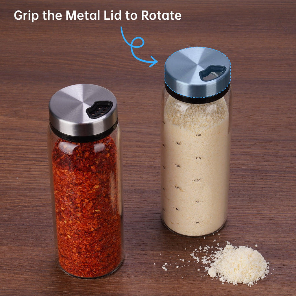 NiHome 2-Pack 10oz Spice Shakers with Adjustable Stainless-Steel Lids for Parmesan Cheese, Chili Flakes, Herbs, Salt, Pepper, Borosilicate Glass Seasoning Dispensers, Easy Refill and Dishwasher Safe
