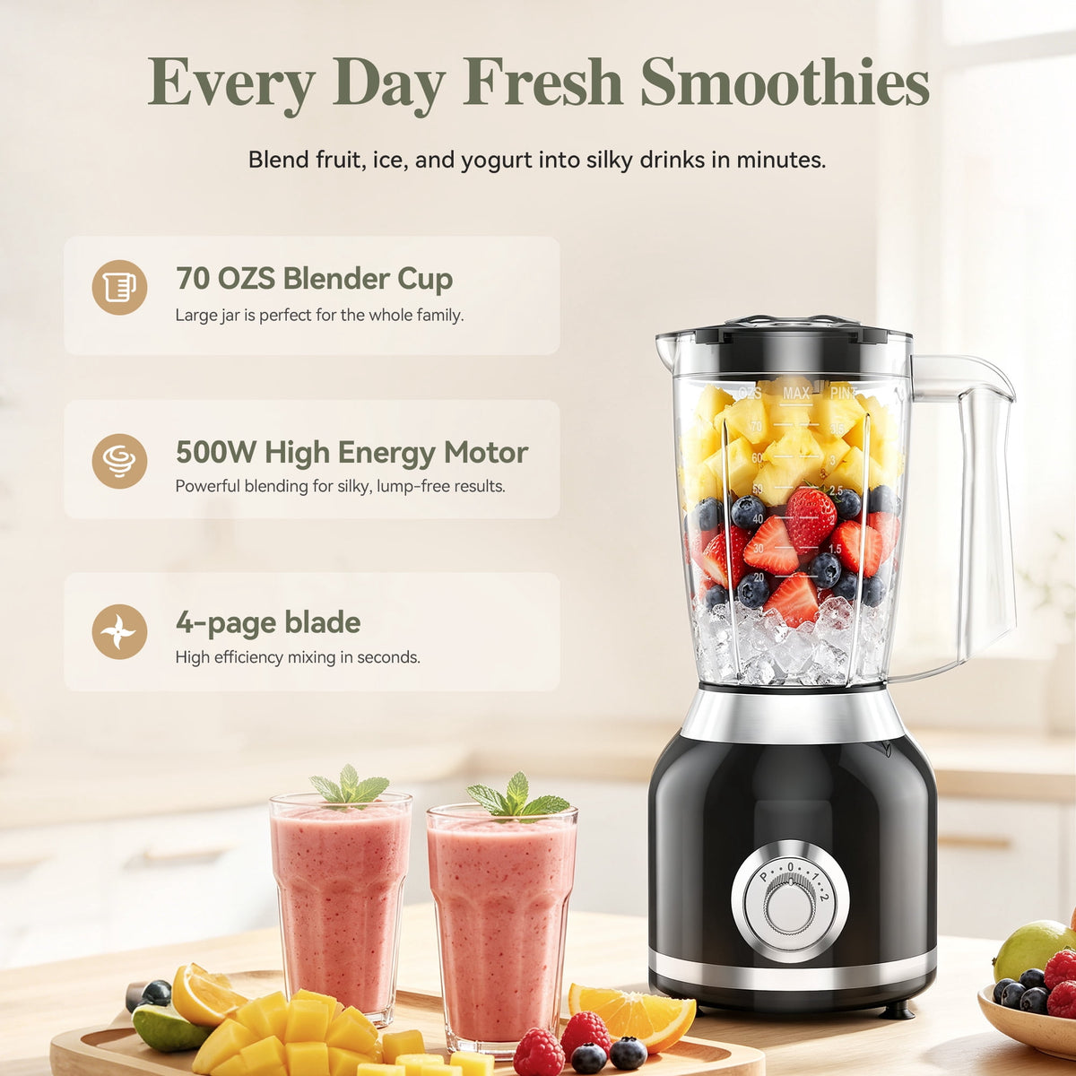 TINANA Countertop Blender with Grinder, 500W Smoothie Maker, 70 oz Pitcher, 2 Speeds & Pulse, Ice Crushing, Black