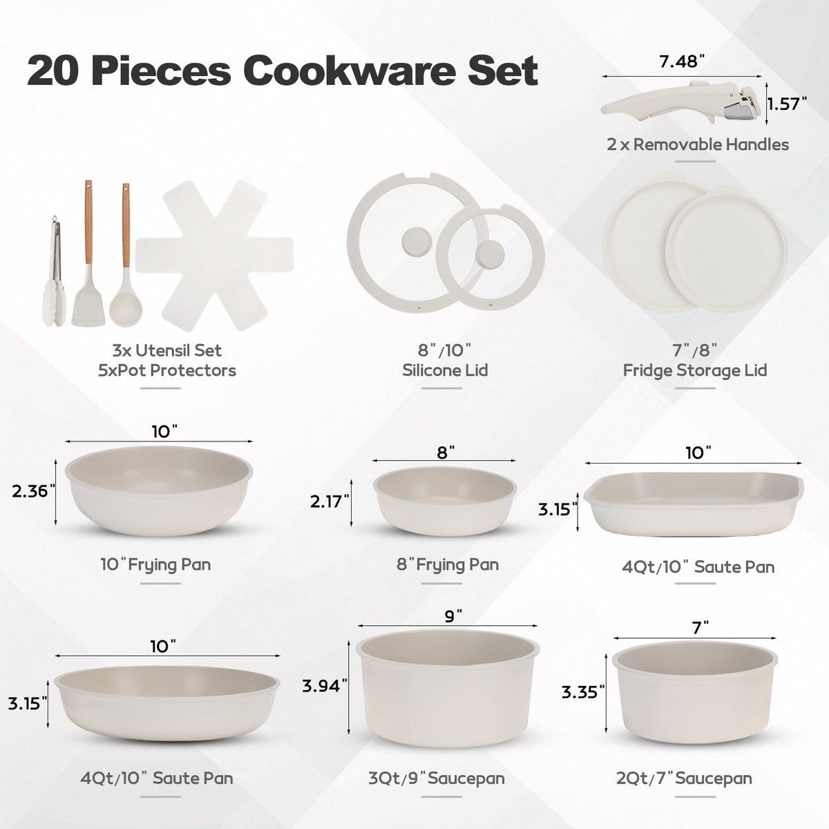 20 Piece Ceramic Pots and Pans Set Non Stick, Cookware Set with Detachable Handles, Oven Safe, Induction Ready, Stackable RV Kitchen Cooking Set, Cream White