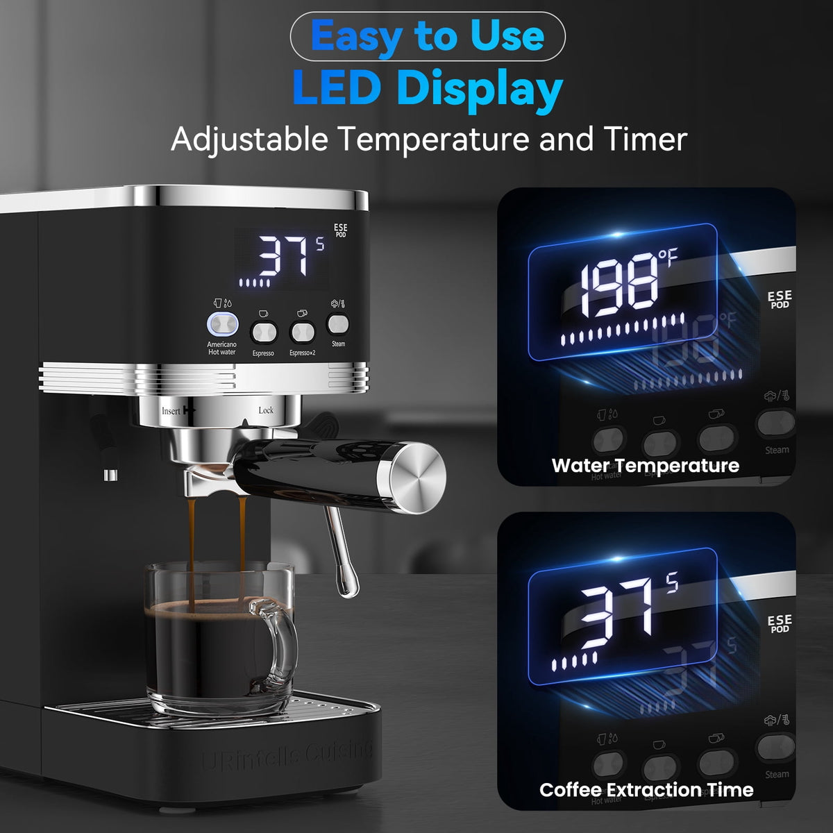 URintells Cuising 20 Bar Espresso Machine with Milk Frother, 1350W Coffee Maker for Americano, Cappuccino, Latte, Stainless Steel