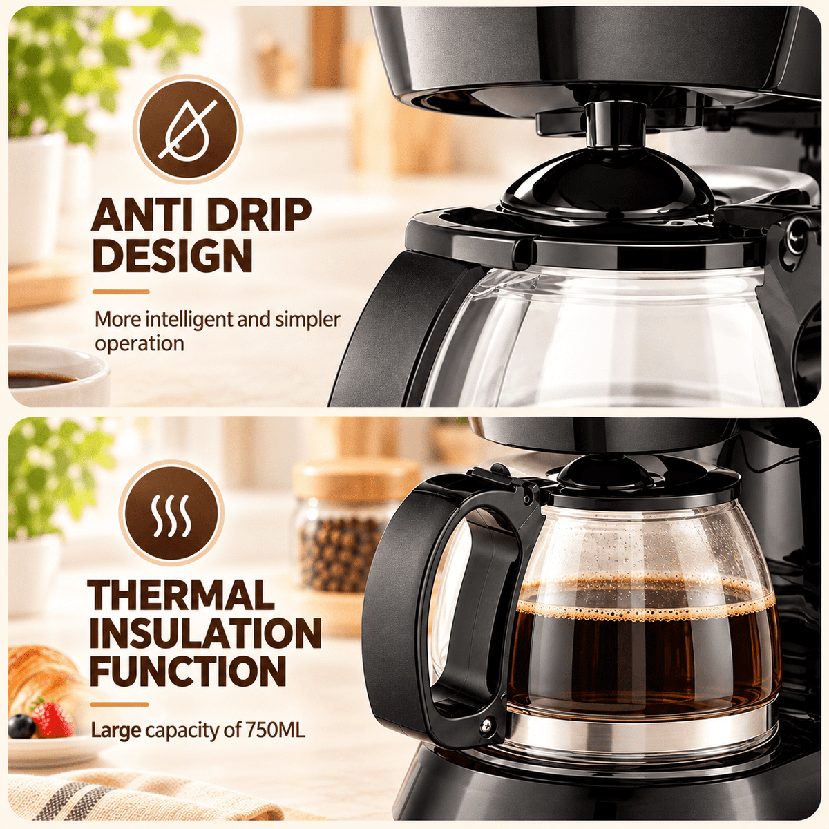 Coffee Maker, 6-Cup Drip Coffee Maker with Glass Carafe, Reusable Filter, Pause and Serve, Keep Warm, Black