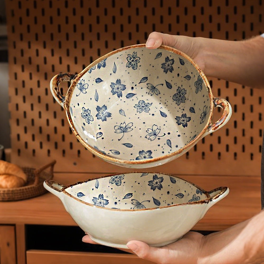 MYVIT Decorative Serving Bowl - 24oz Ceramic Soup Bowl with Handle Ramen Bowl for Salad,Pasta,Cereal,700ML Porcelain Stoneware Kitchen Dish