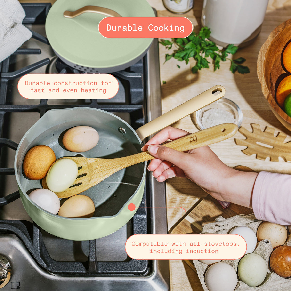 Beautiful 12-Piece Cookware Set, Pots and Pans with Strainer Lids and EverGood Ceramic Nonstick Coating, White Icing by Drew Barrymore