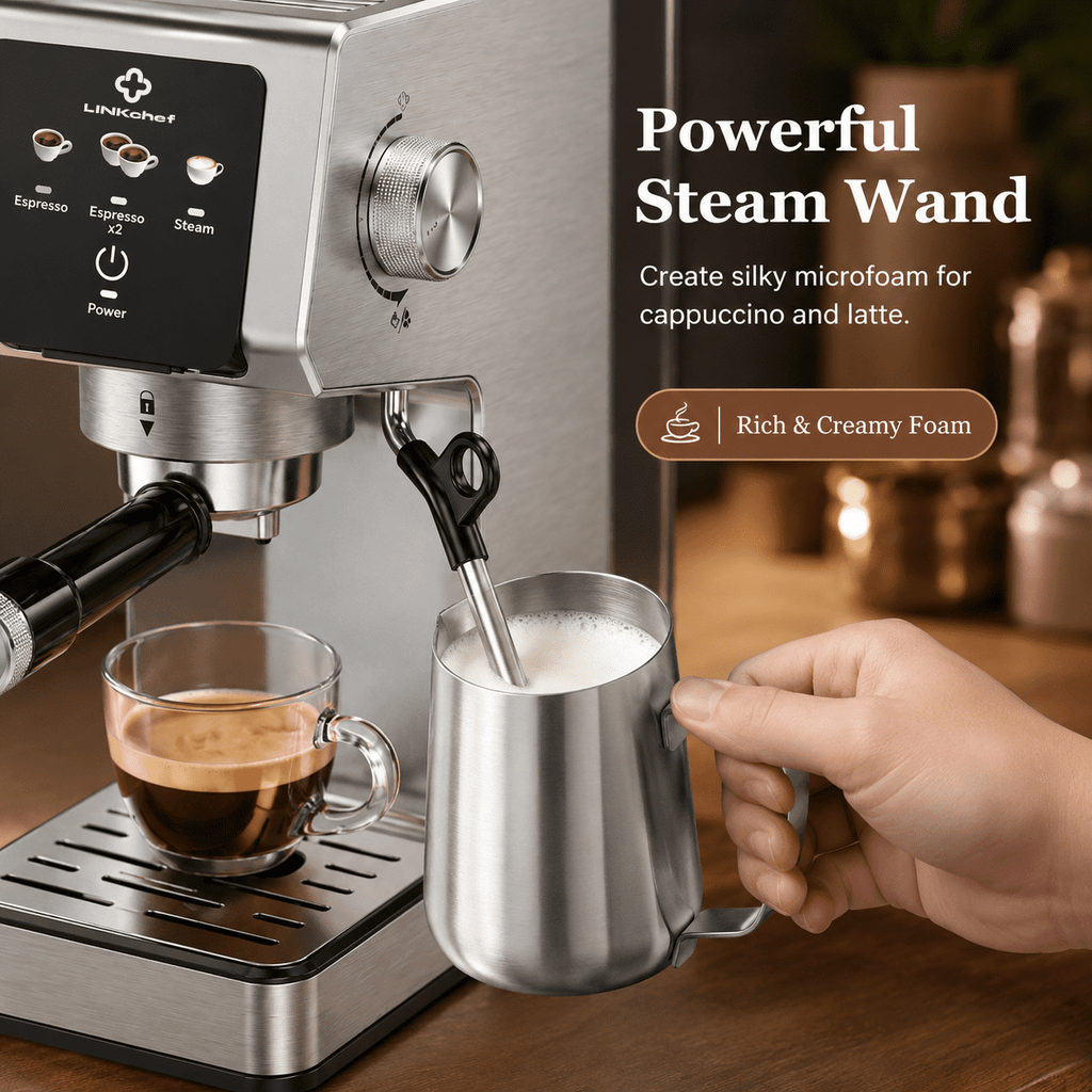 LINKChef 20-Bar Espresso Machine with Automatic Steam Wand, 1300W Professional Espresso Maker, 40 oz Removable Water Tank, Single & Double Shot