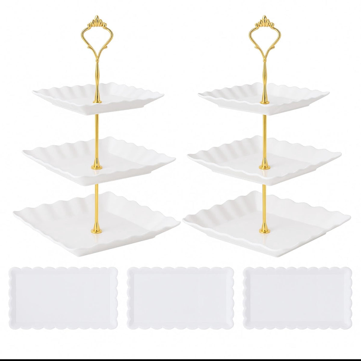 TINANA 5 Pack Dessert Table Display Set, 3-Tier Cupcake Stands & 3 Rectangular Serving Trays, White Plastic Cupcake Tower for Birthday, Baby Shower & Wedding