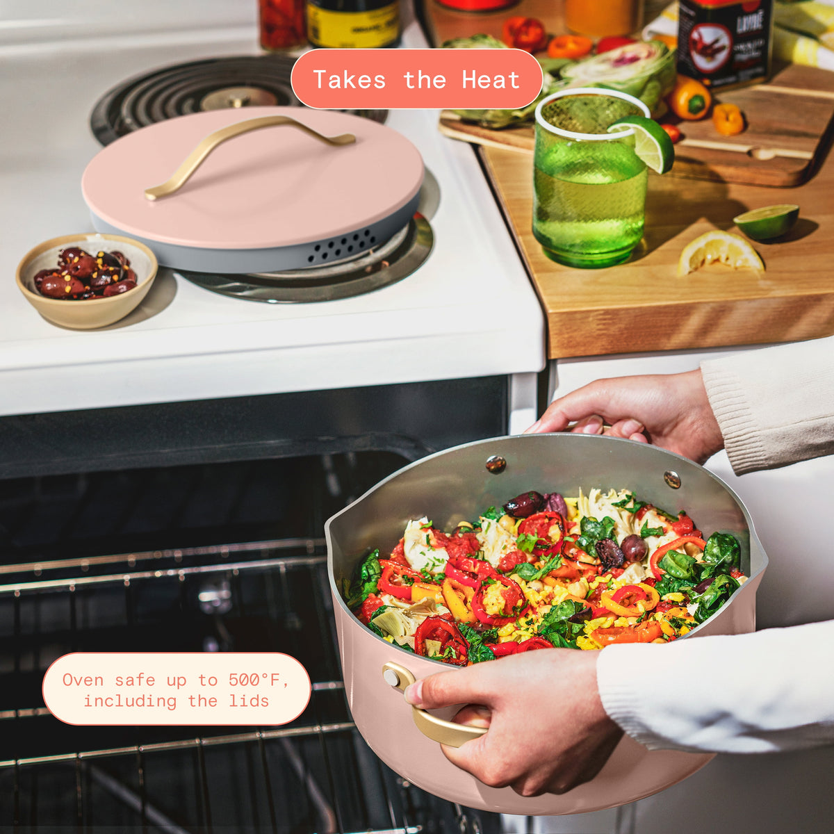 Beautiful 12-Piece Cookware Set, Pots and Pans with Strainer Lids and EverGood Ceramic Nonstick Coating, White Icing by Drew Barrymore