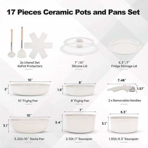17 Piece Ceramic Pots and Pans Set Non Stick, Cookware Set with Detachable Handle, Oven Safe, Induction Ready, Stackable RV Kitchen Cooking Set Removable Handles, Cream White