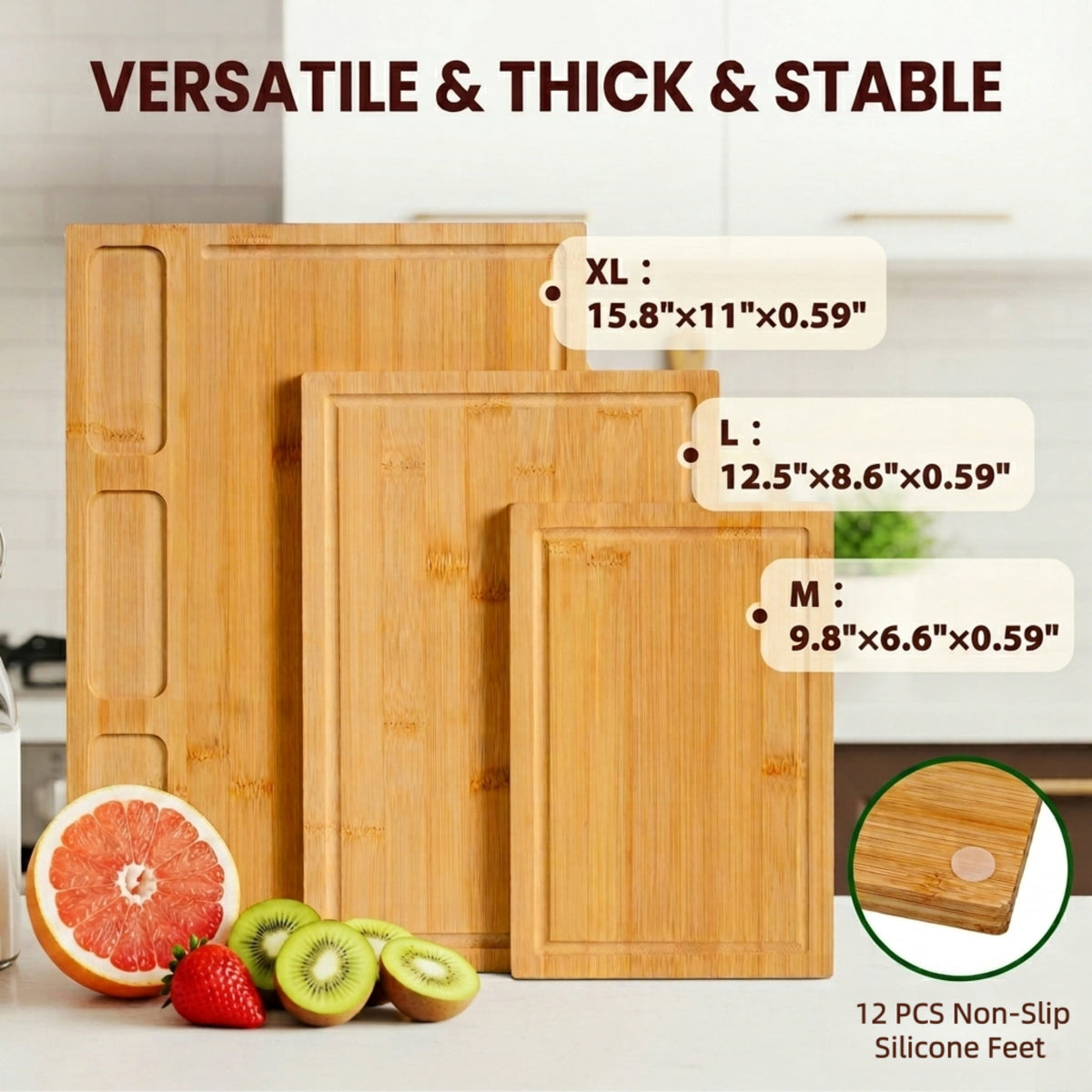 Kikcoin Cutting Board Set of 3, Bamboo Cutting Boards for Kitchen, Non-slip Wooden Chopping Boards with Juice Grooves, Reversible Charcuterie Board for Fruit, Meat