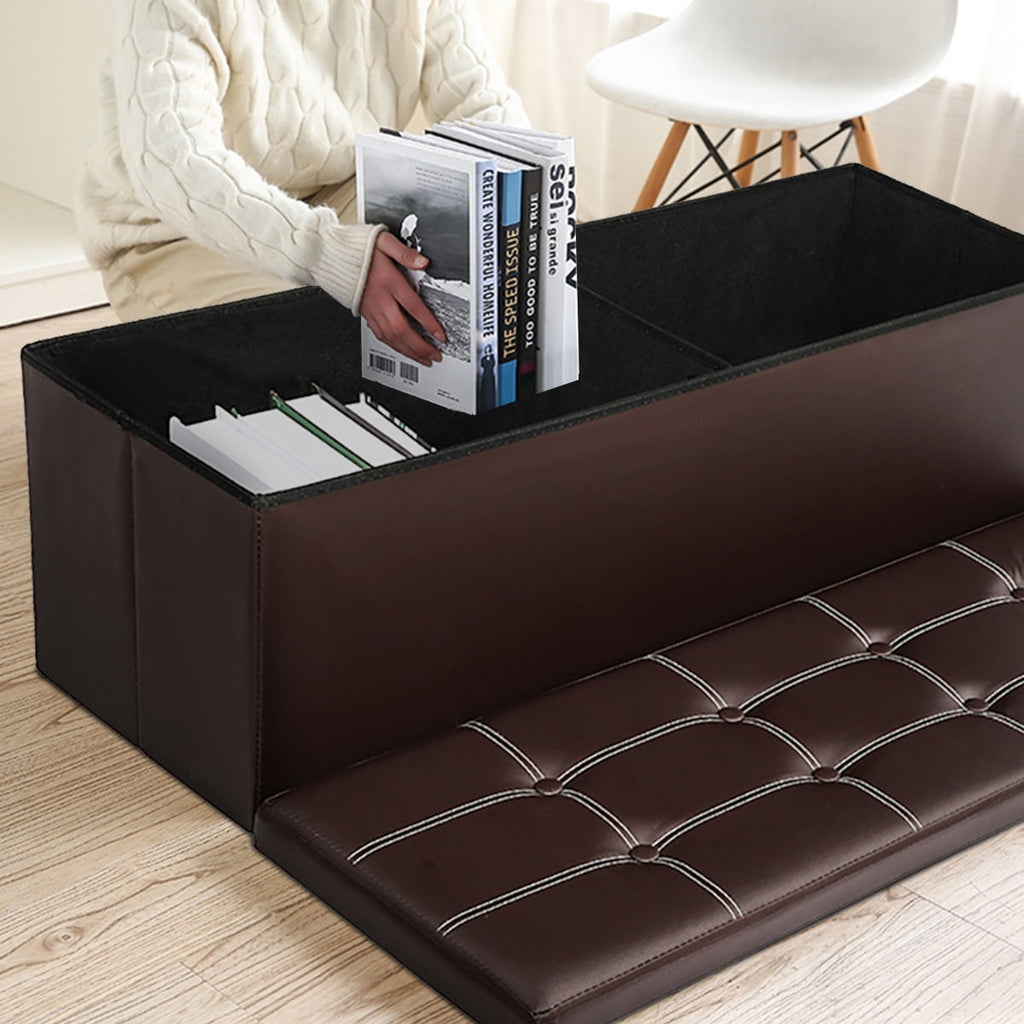 43" Ottoman with Storage Bench for Bedroom, Long End of Bed Seat with Storage Ottoman Bench, Large Folding Faux Leather Footrest Toy Chest for Living Room, Brown