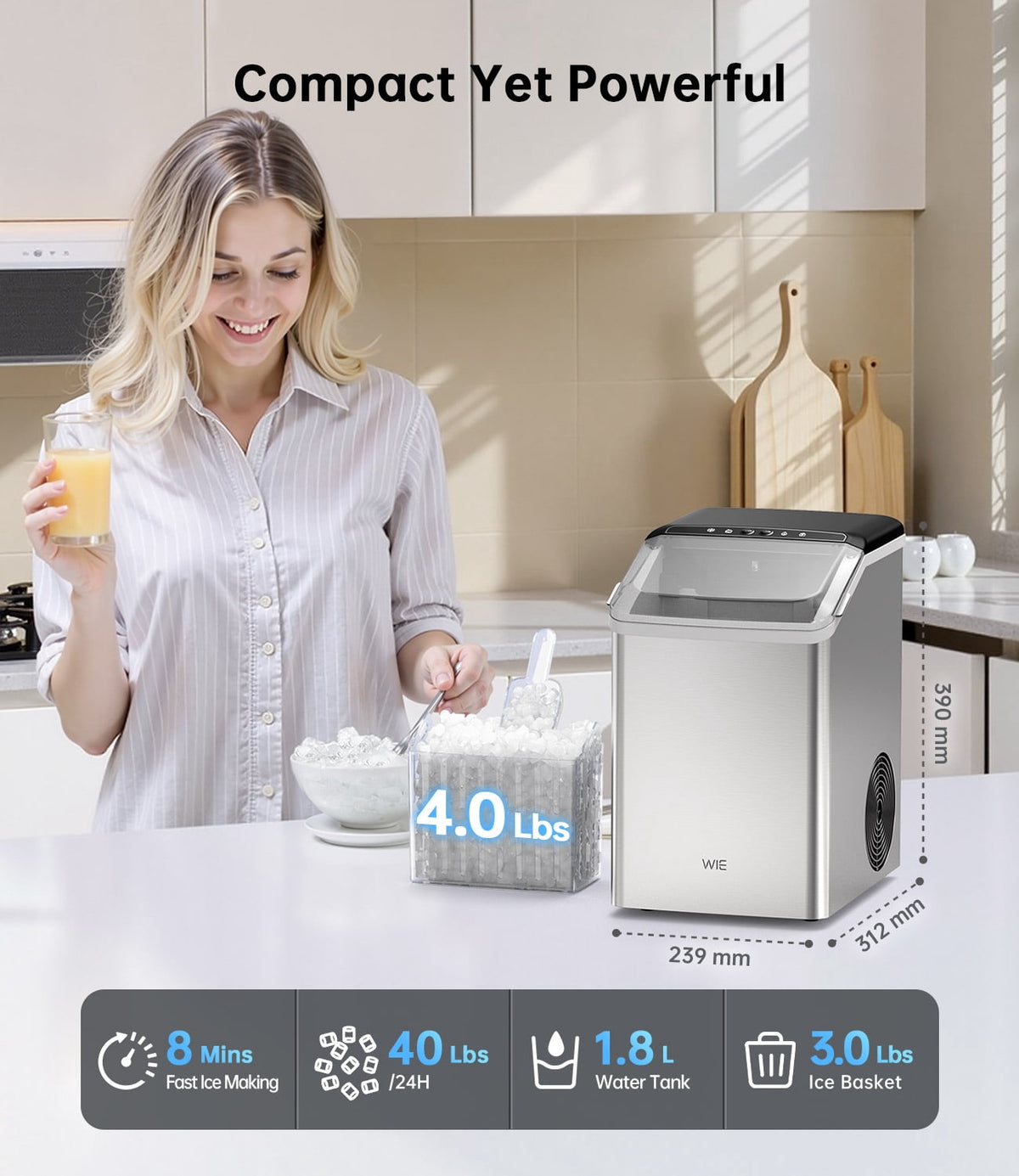 WIE 40lbs/Day Countertop Sonic-Style Chewable Nugget Ice Maker Silver