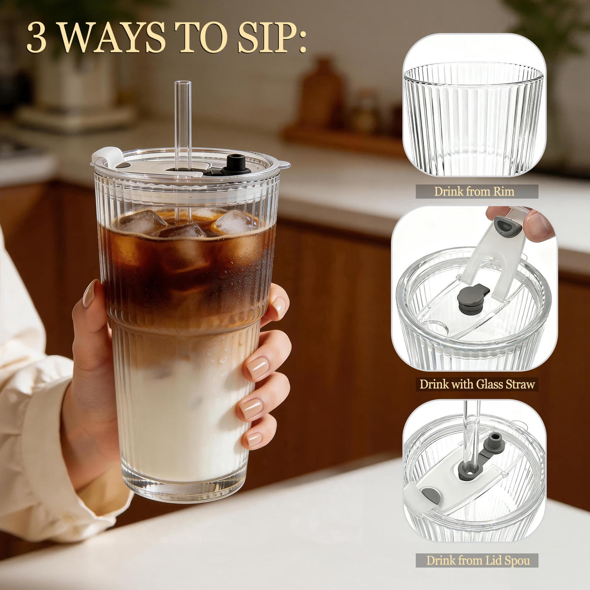 TAIMASI 4-Pack Ribbed Glass Tumblers with Lids, Straws and Cleaning Brush, 20oz Leakproof for Iced Coffee，Cocktails, Juice
