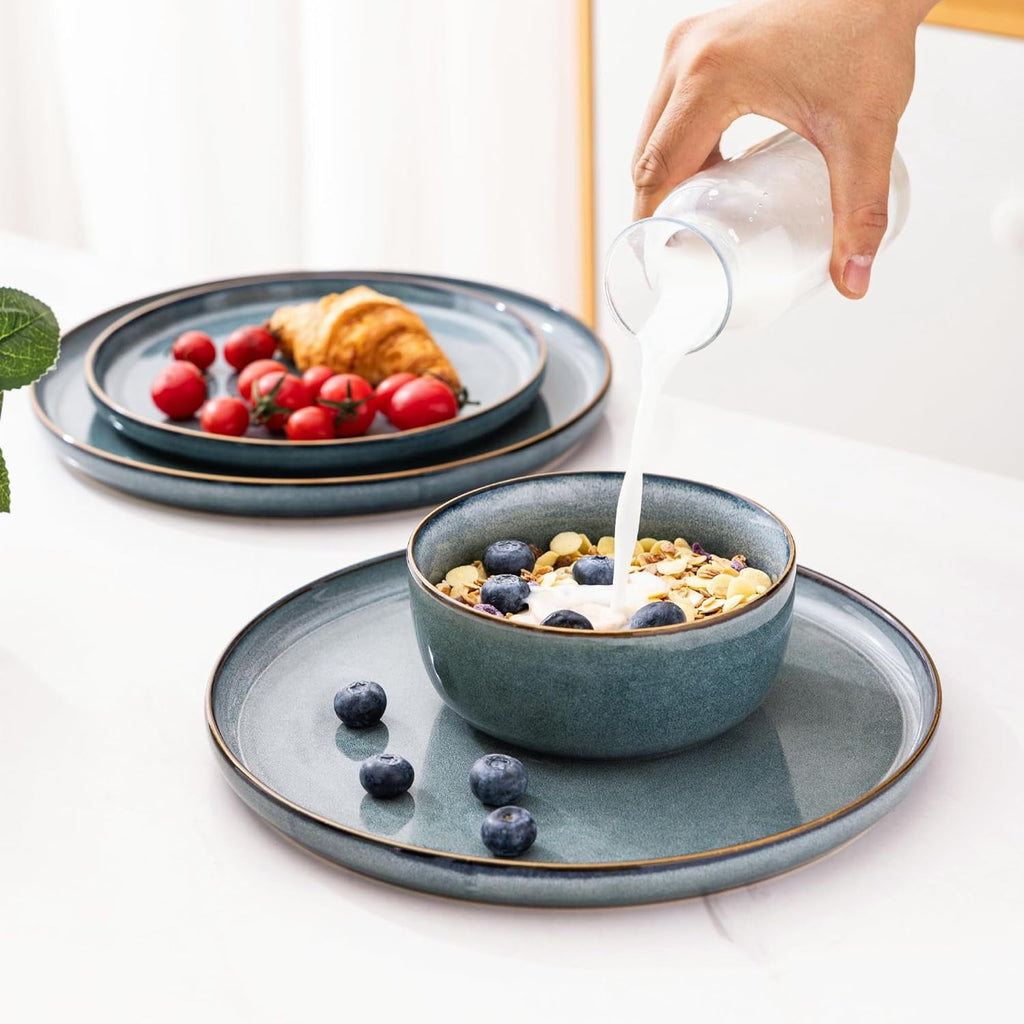 AmorArc Ceramic Dinnerware Sets for 4, 12 Pieces Stoneware Plates and Bowls Sets, Reactive Glaze Dishes -Scratch Resistant, Dishwasher&Microwave Safe, Space Blue (Service for 4)