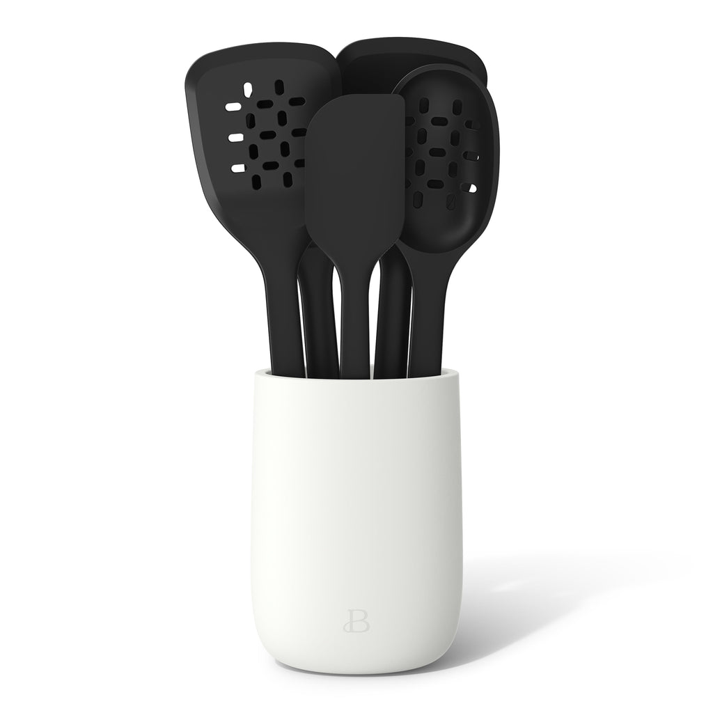Beautiful 6-Piece Silicone Kitchen Tool Set with Ceramic Crock, Chocolate by Drew Barrymore