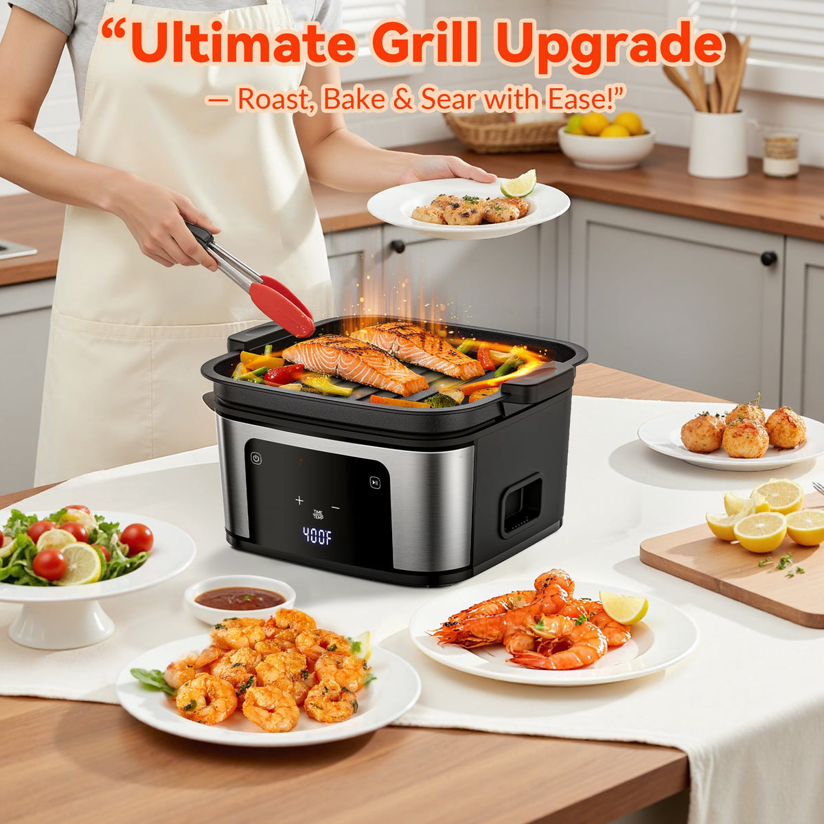 Air Fryer+Grill Plate, 7.5 Quart 8-in-1 Dual Mode Air Fryer with Window, 120-Min Timer, Max 400°F, Auto Shut Off & Nonstick Dishwasher Safe Basket, Touchscreen Controls, Easy Meals, Black