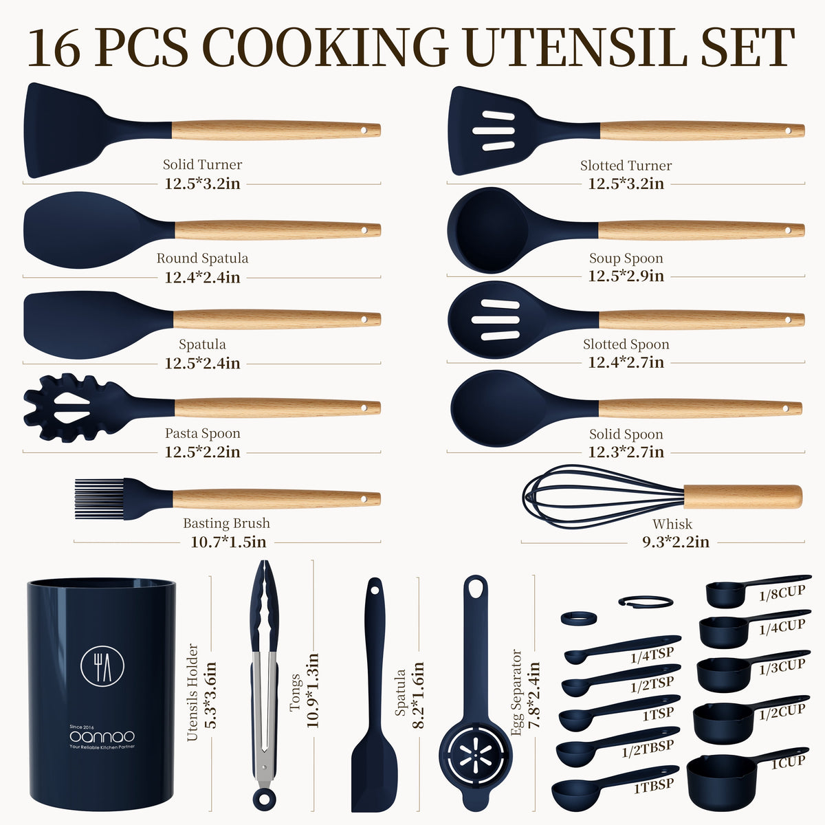 Silicone Cooking Utensils Set - Silicone Kitchen Utensils for Cooking Wooden Handles, 446°F Heat Resistant Kitchen Utensil Spatula Sets w Holder, Gadgets for Non-Stick Cookware BPA FREE (Black)