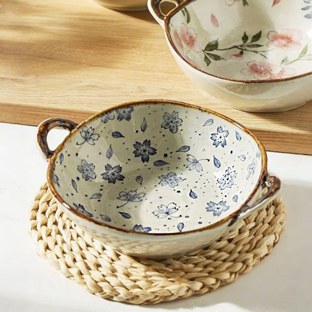 MYVIT Decorative Serving Bowl - 24oz Ceramic Soup Bowl with Handle Ramen Bowl for Salad,Pasta,Cereal,700ML Porcelain Stoneware Kitchen Dish