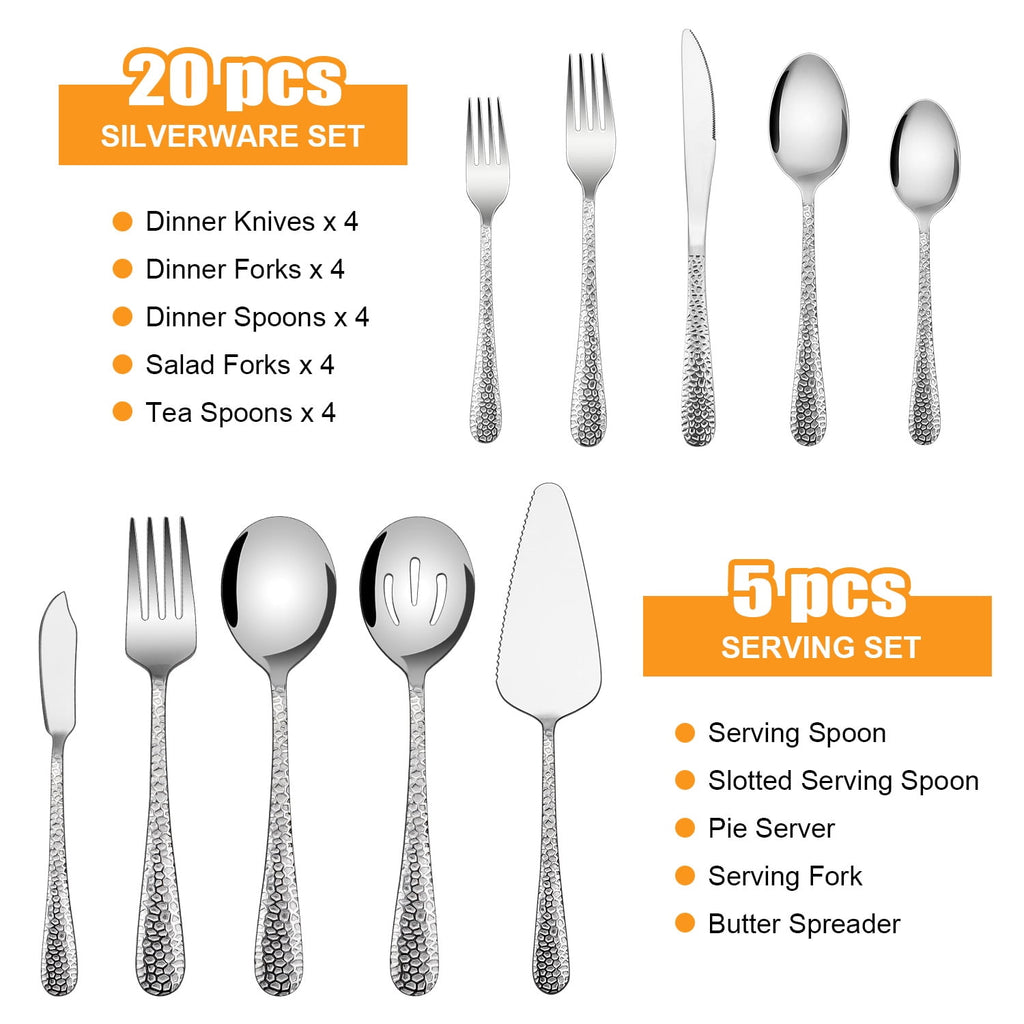 Vesteel Hammered Silverware Set, 40-Piece Stainless Steel Flatware Cutlery Set for 8, Includes Knives, Forks, Spoons, Mirror Polished & Dishwasher Safe