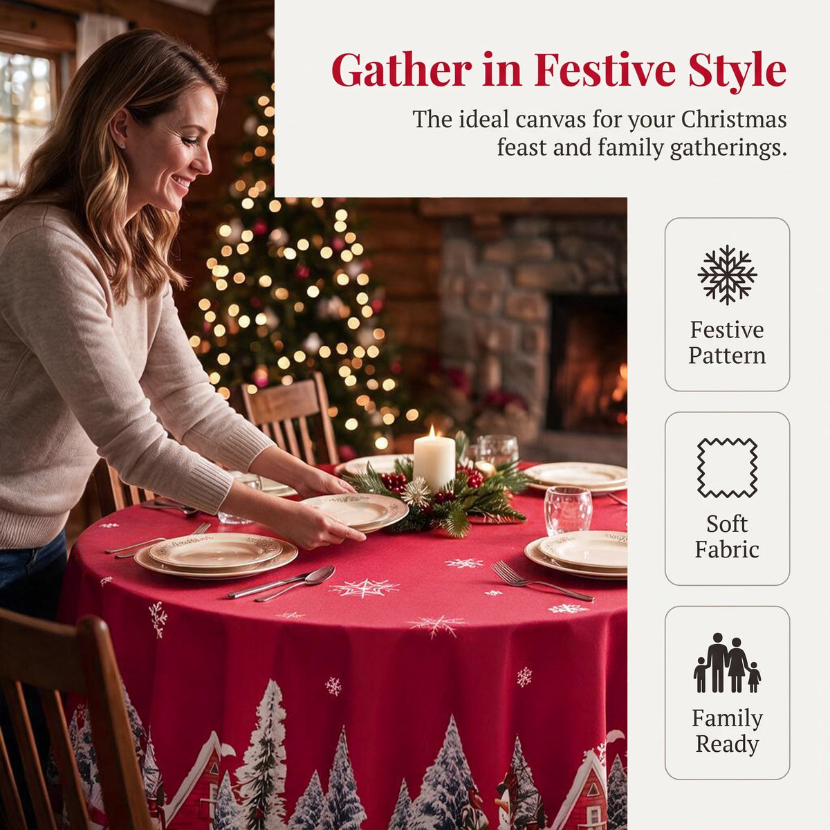 LUSHVIDA Christmas Tablecloth Rectangle, Winter Snowman House Christmas Trees Red Washable Table Cover for Party Picnic Dinner Decor, 60" x 84"