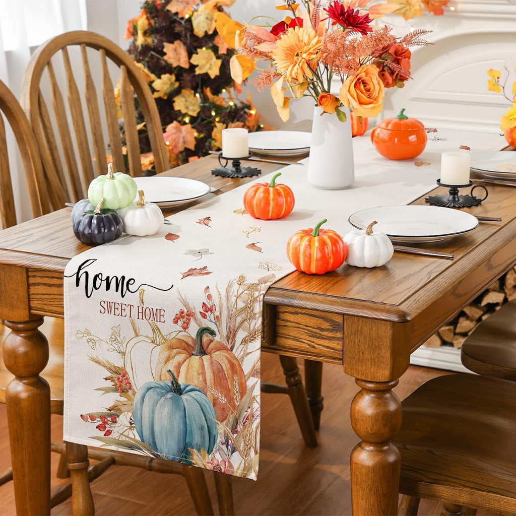 YIBAGA Fall Table Runner Pumpkin Sweet Home Thanksgiving Dining Decoration, 13x72 inch, Polyester