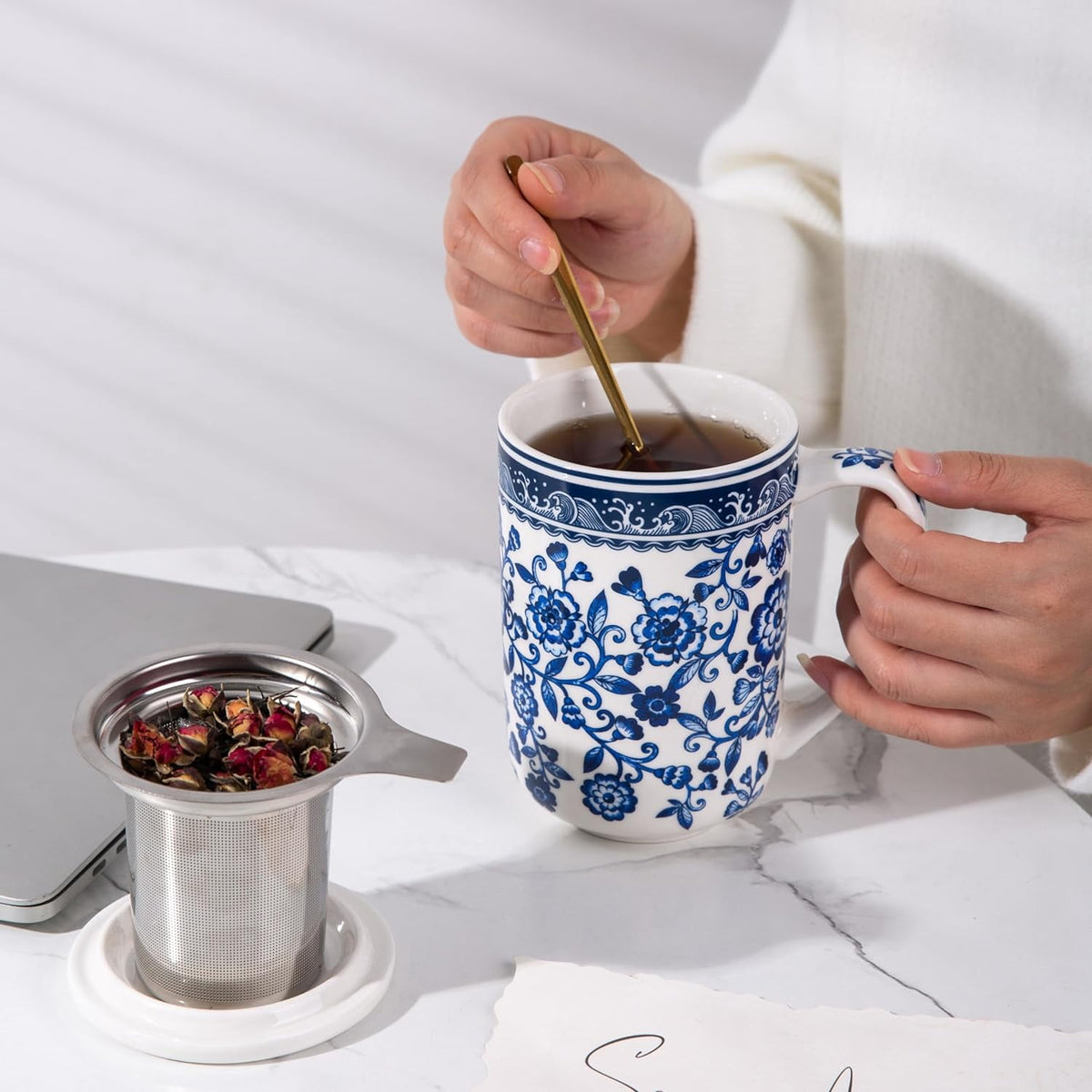 AmorArc Porcelain Tea Mug with Infuser and Lids, 18 Oz Cup Strainer Bag Holder for Loose Leaf Tea, Steeping Coffee Well-wrapped Box House-warming Wedding Birthday Gift, YelloRed