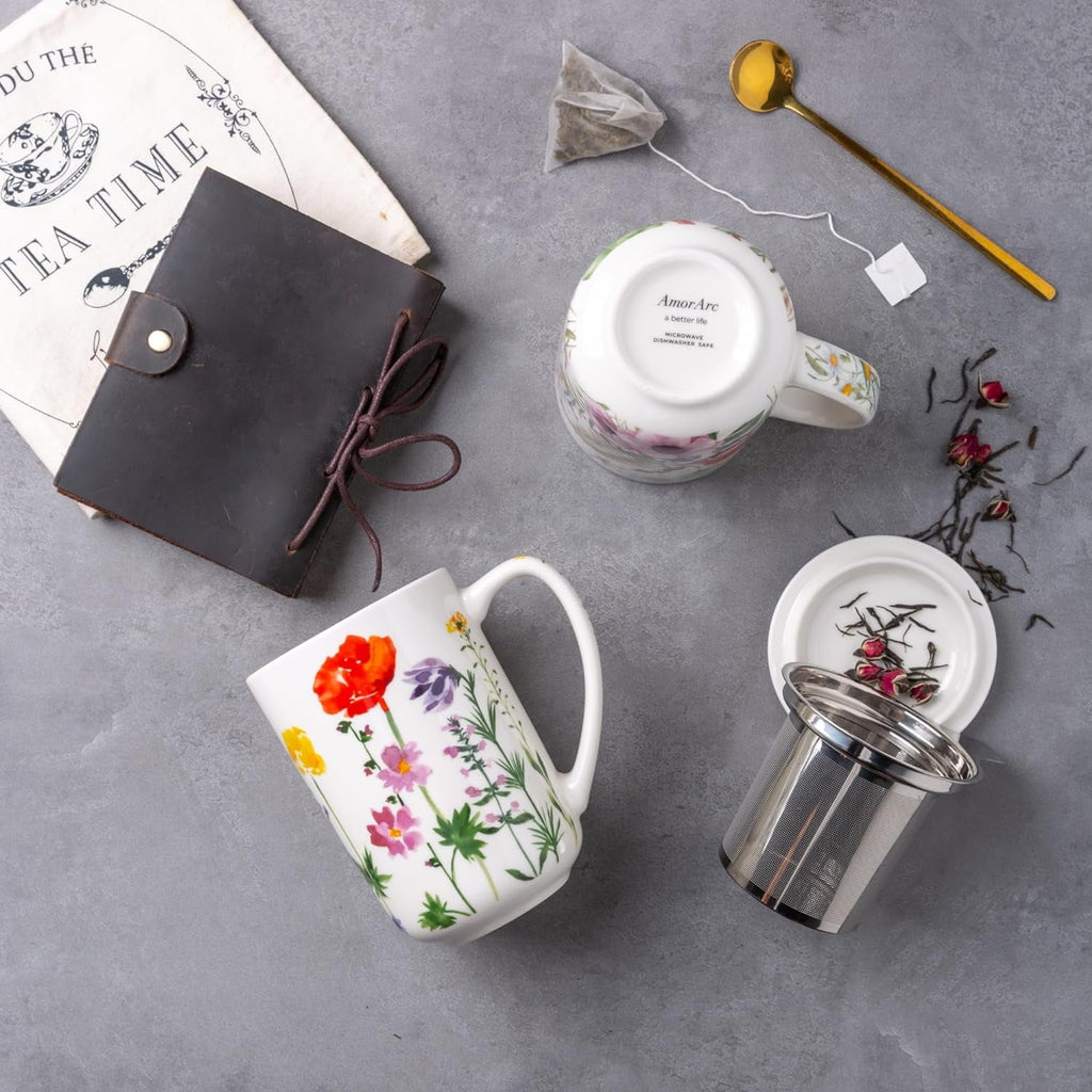 AmorArc Porcelain Tea Mug with Infuser and Lids, 18 Oz Cup Strainer Bag Holder for Loose Leaf Tea, Steeping Coffee Well-wrapped Box House-warming Wedding Birthday Gift, YelloRed