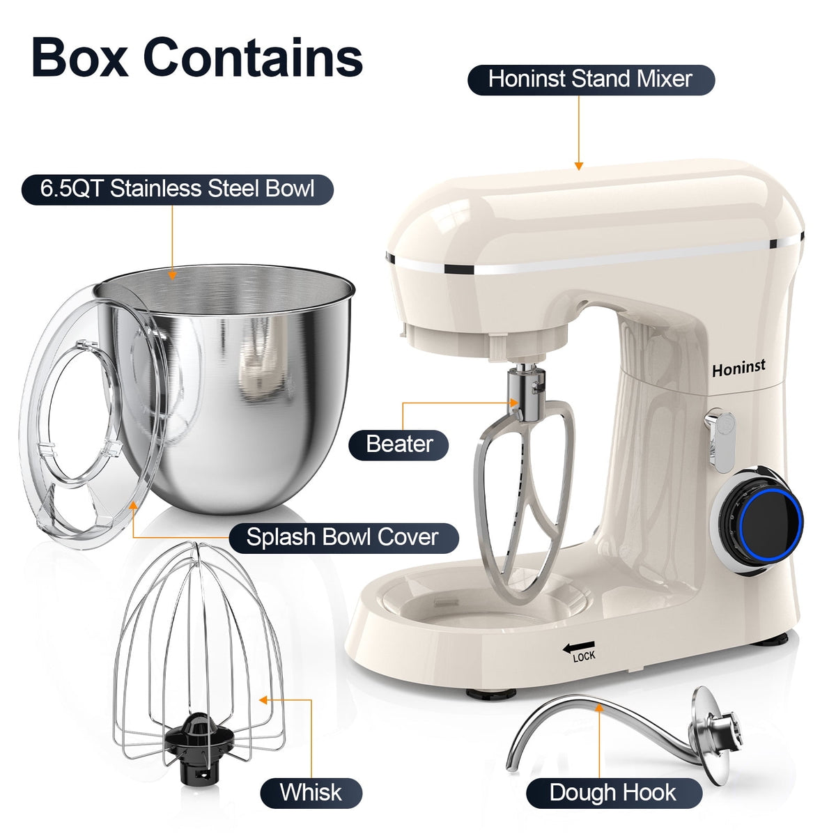 Honinst 6.5 QT Electric Stand Mixer, 10+P Speeds Lightweight with Tilt-Head Kitchen Stand Mixer, Dough Hook, Whisk, Beater and Bowl, Food Mixer for Baking, Cake and Most Home Cooks