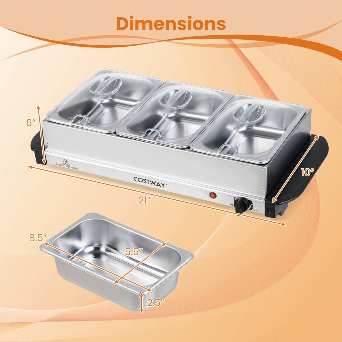 Costway Electric Buffet Server Food Warmer with 3 Removable Trays Adjustable Tempered
