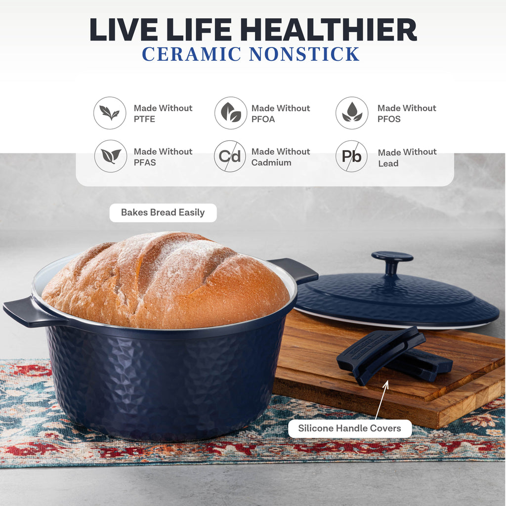 Gotham Steel Ceramic Hammered 5 Qt Lightweight Dutch Oven Pot with Lid & Holders, Oven Safe & Even Heat Retaining Dutch Oven for Bread Baking Sourdough, Soup, 70% Lighter than Cast Iron, Navy