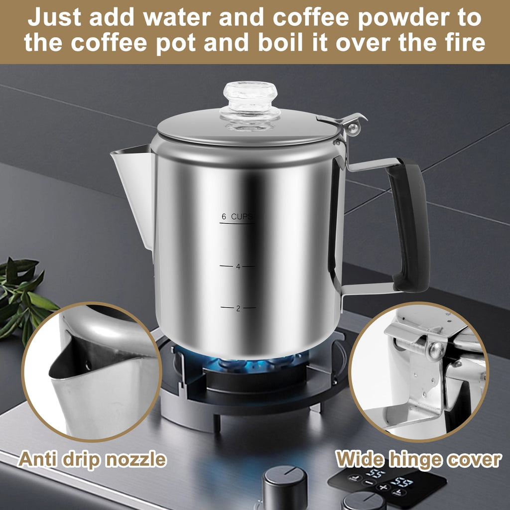 Jetcloudlive Stainless Steel Coffee Percolator 6-Cup Camping Coffee Pot with Glass Knob Portable Percolator Coffee Pot for Campfire or Stove Top Coffee Making