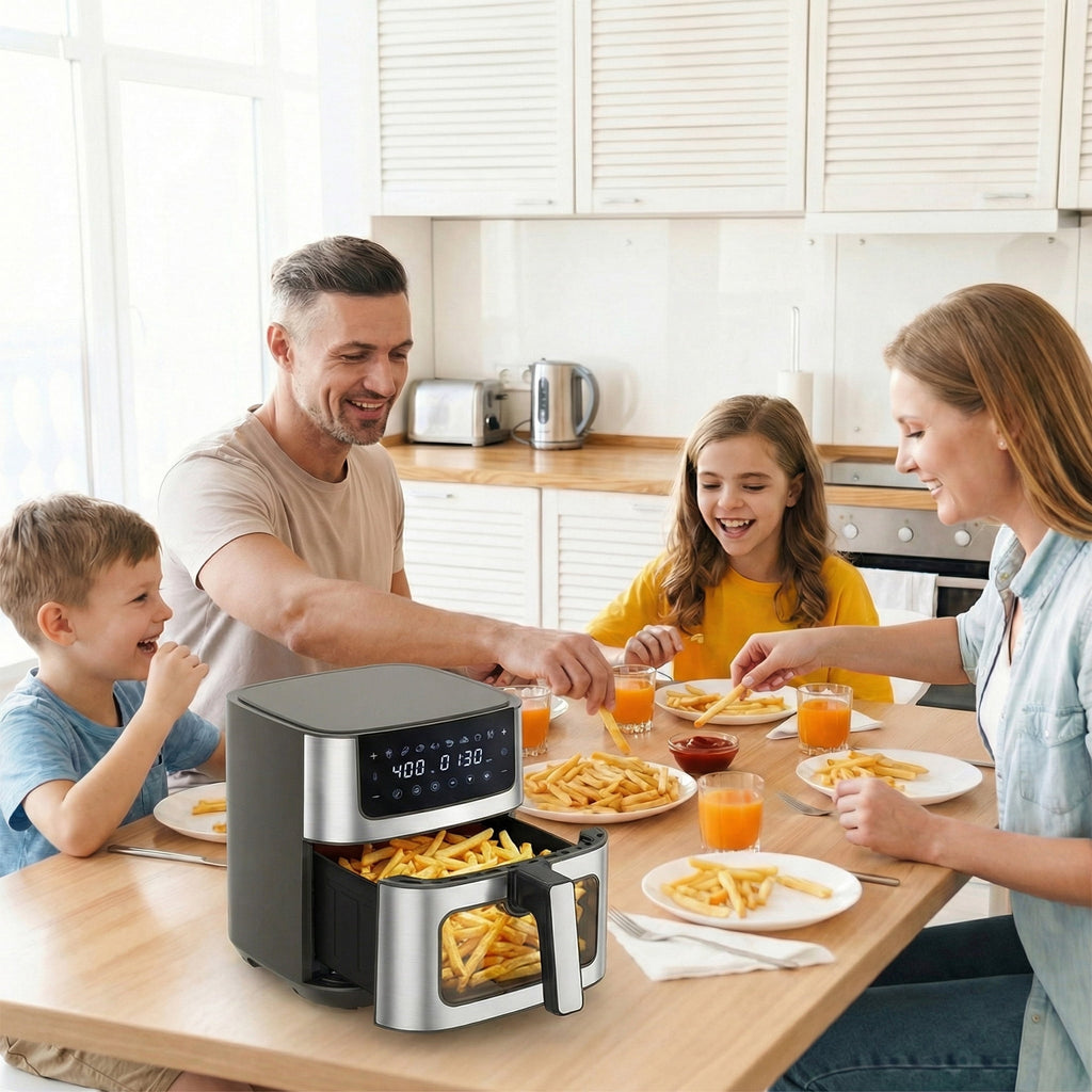EDX 6QT Stainless Steel Air Fryer with Digital Touchscreen, 1500W, 8 Presets, Dishwasher Safe Basket, 90 Min Timer, 24H Delay Start, Gray
