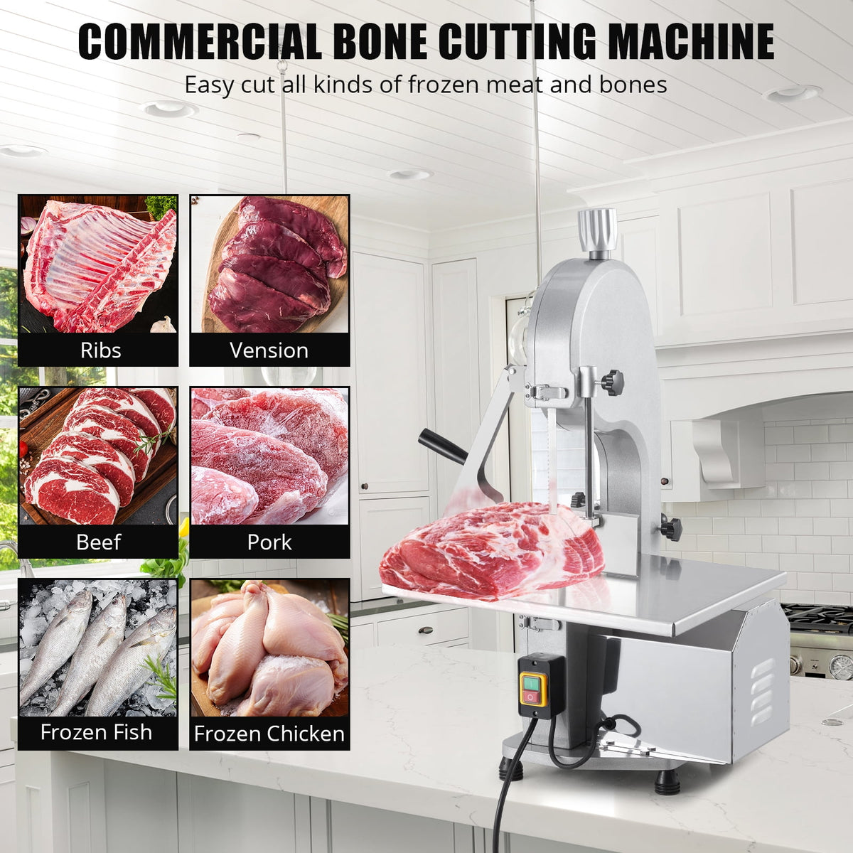 Memoryfield 1100W Electric Bone Saw Machine for Frozen Meat, 0.16-7.09" Cutting Thickness, 19.3" x 15" Tabletop Meat Cutter with 5 Blades for Beef, Chicken, Fish & Trotters