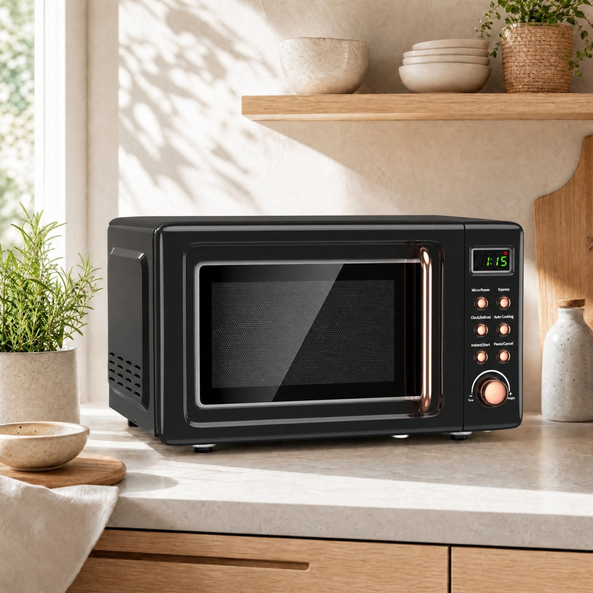 Costway 0.7 Cu.ft Retro Countertop Microwave Oven 700W LED Display Glass Turntable Rose Gold