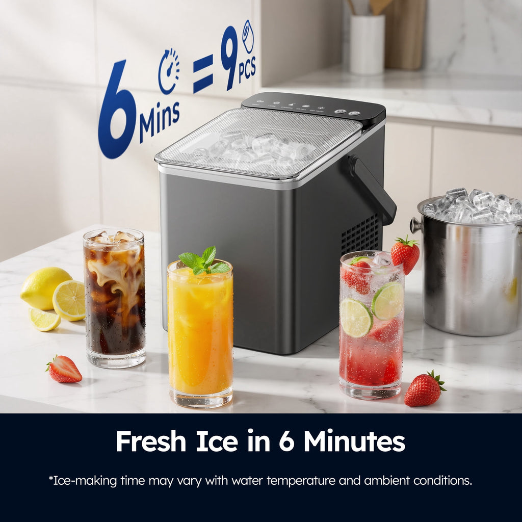 SIMZLIFE Portable Countertop Ice Maker, 26 Lbs/Day, 9 Bullet Ice Cubes in 6 Minutes, 2 Ice Sizes, Self-Cleaning Ice Machine, Black