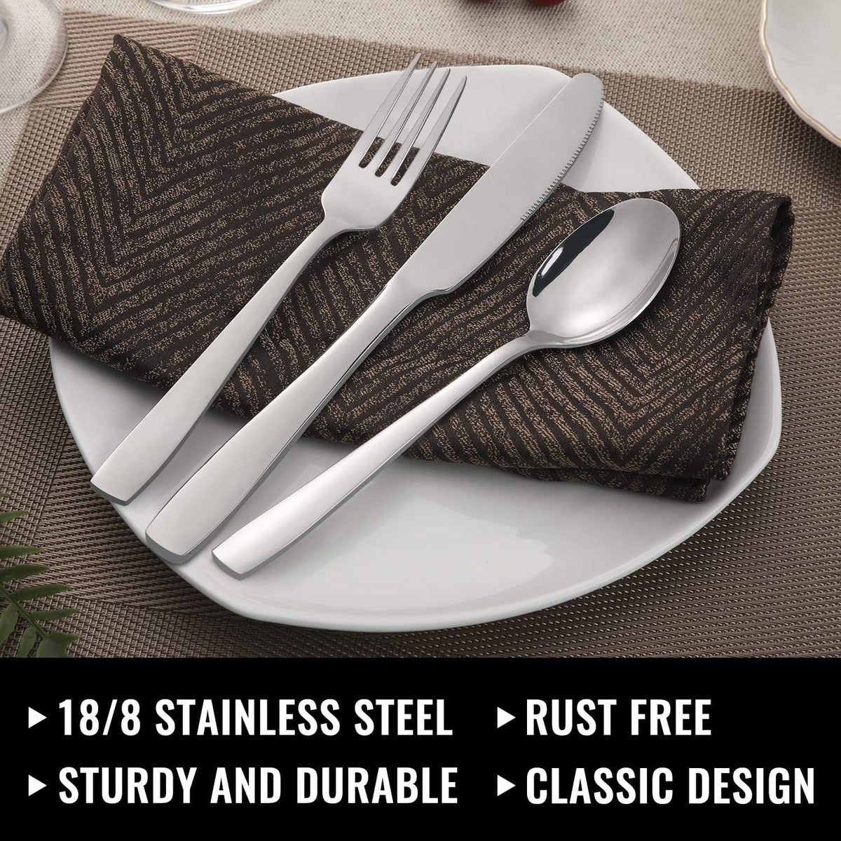 Black Flatware Set, AOKIWO 48-Piece 18/8 Stainless Steel Tableware Silverware with Steak Knives for Kitchen Restaurant, Mirror Polished ,Dishwasher