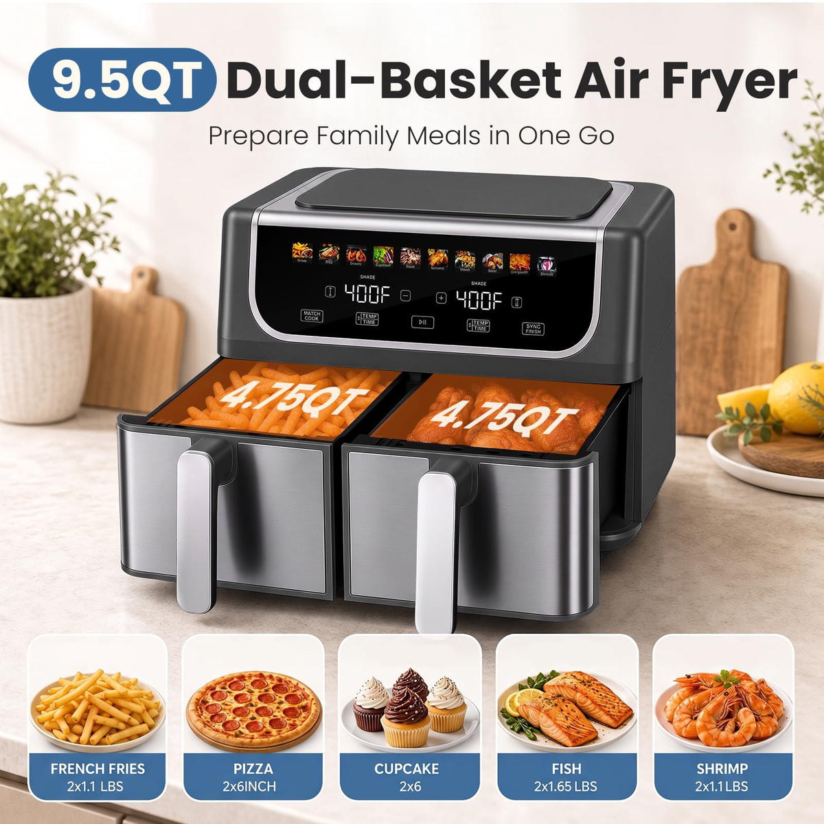 LIFERECORD 3QT Compact Air Fryer, Touch Panel, 800W, 160-400°F, Auto Shut-Off & Overheat Protection, White, for Single/Small Family