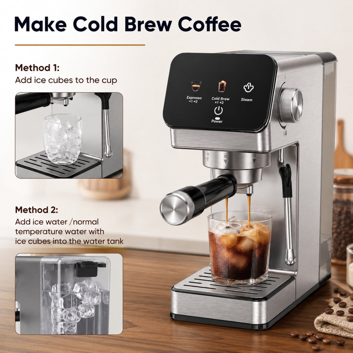 20-Bar Espresso Machine with Rapid Cold Brew, Stainless Steel Coffee Maker, 40oz Removable Water Tank for Cappuccino & Latte, Silver