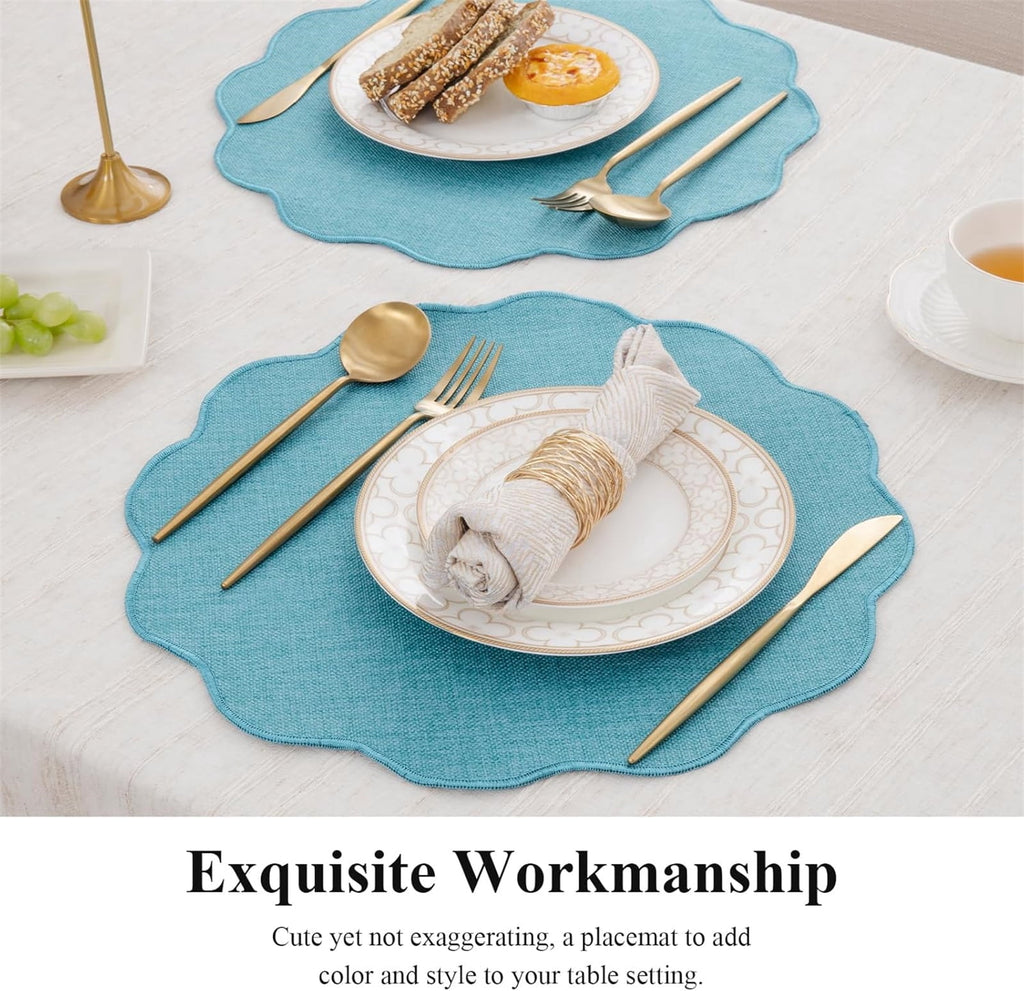 Ileading Scalloped Round Placemats Set of 6 Polyester Linen Blend Washable Non Slip Place Mats Easy Clean Heat Resistant Table Mats for Kitchen Dining Table Decor