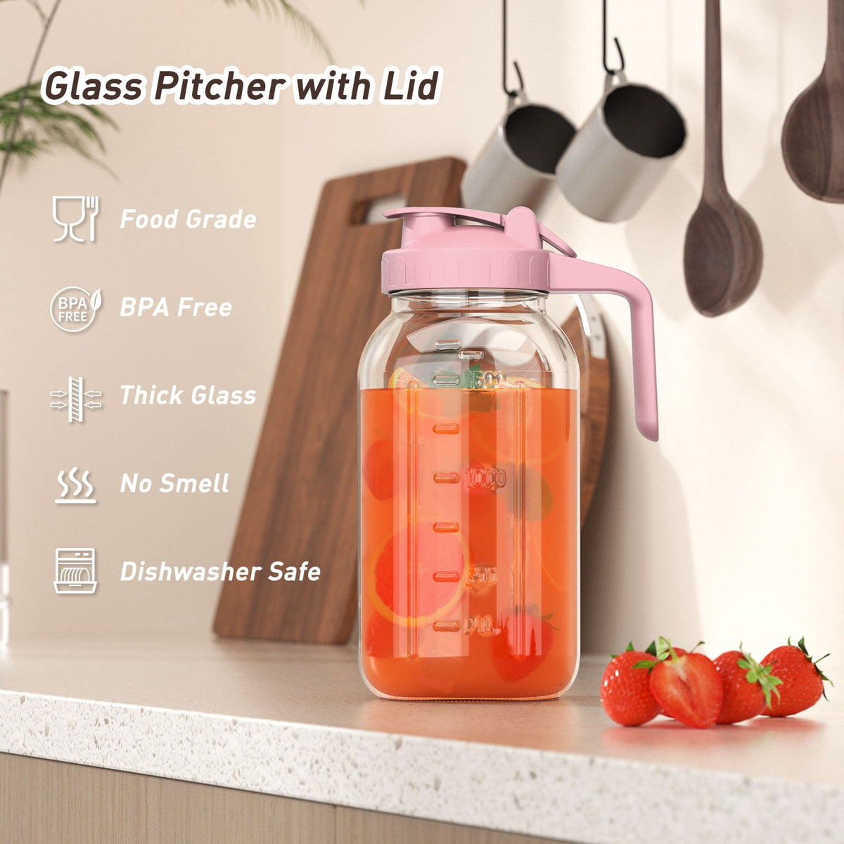 VA1KENE Glass Pitcher with Lid, Mason Jar Pitcher with Spout and Handle for Lemonade, Iced Drinks, and Sun Tea 64oz Gray