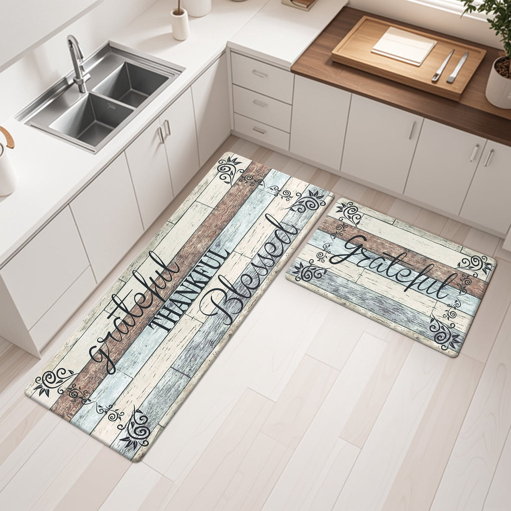 MeyJey Farmhouse Kitchen Rug Set of 2, Non-Slip Anti-Fatigue Waterproof Cushioned Mat for Kitchen, Dining & Laundry Room, 18"x30"+18"x48" Teal/Brown