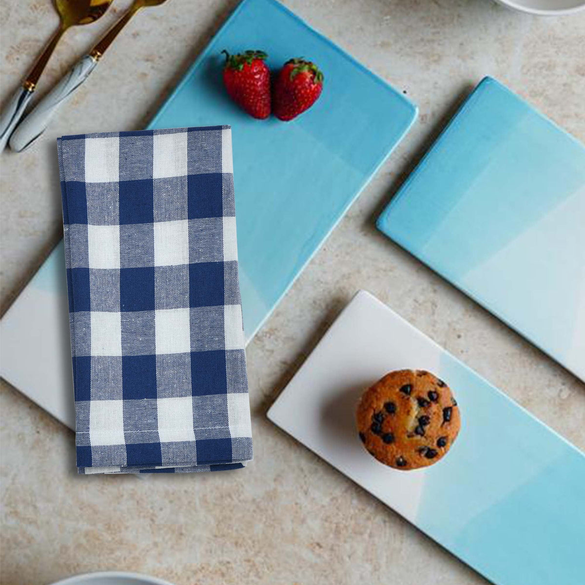 GFI LINEN CLUBS 100% Cotton Gingham Cloth Dinner Napkins, 18 x 18 in, Set of 12, Blue & White