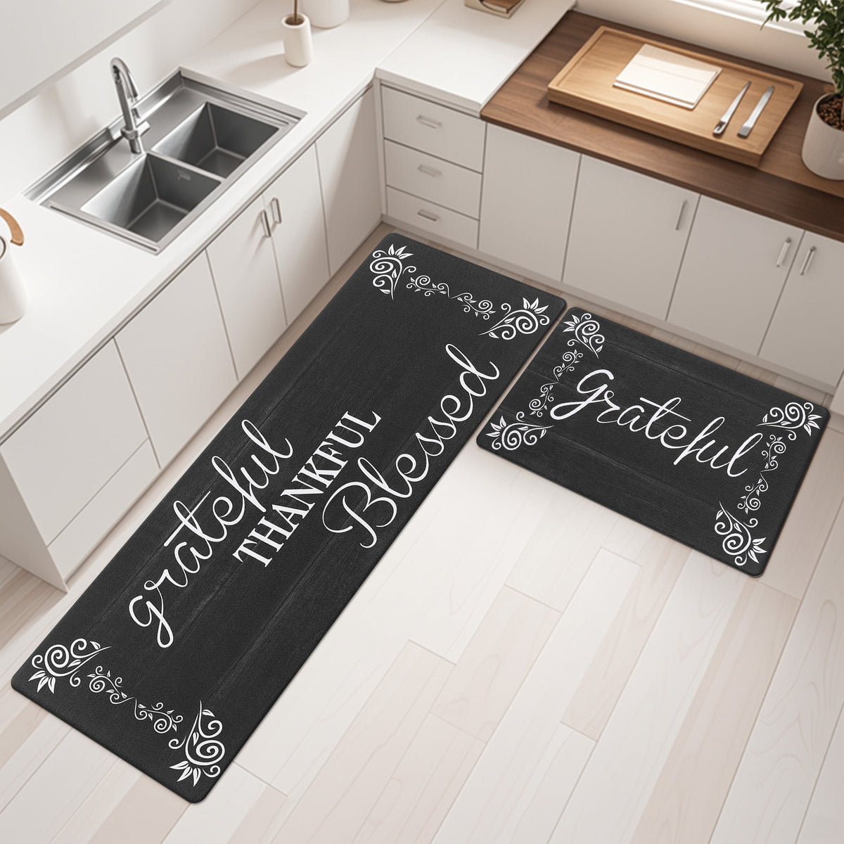 MeyJey Farmhouse Kitchen Rug Set of 2, Non-Slip Anti-Fatigue Waterproof Cushioned Mat for Kitchen, Dining & Laundry Room, 18"x30"+18"x48" Teal/Brown