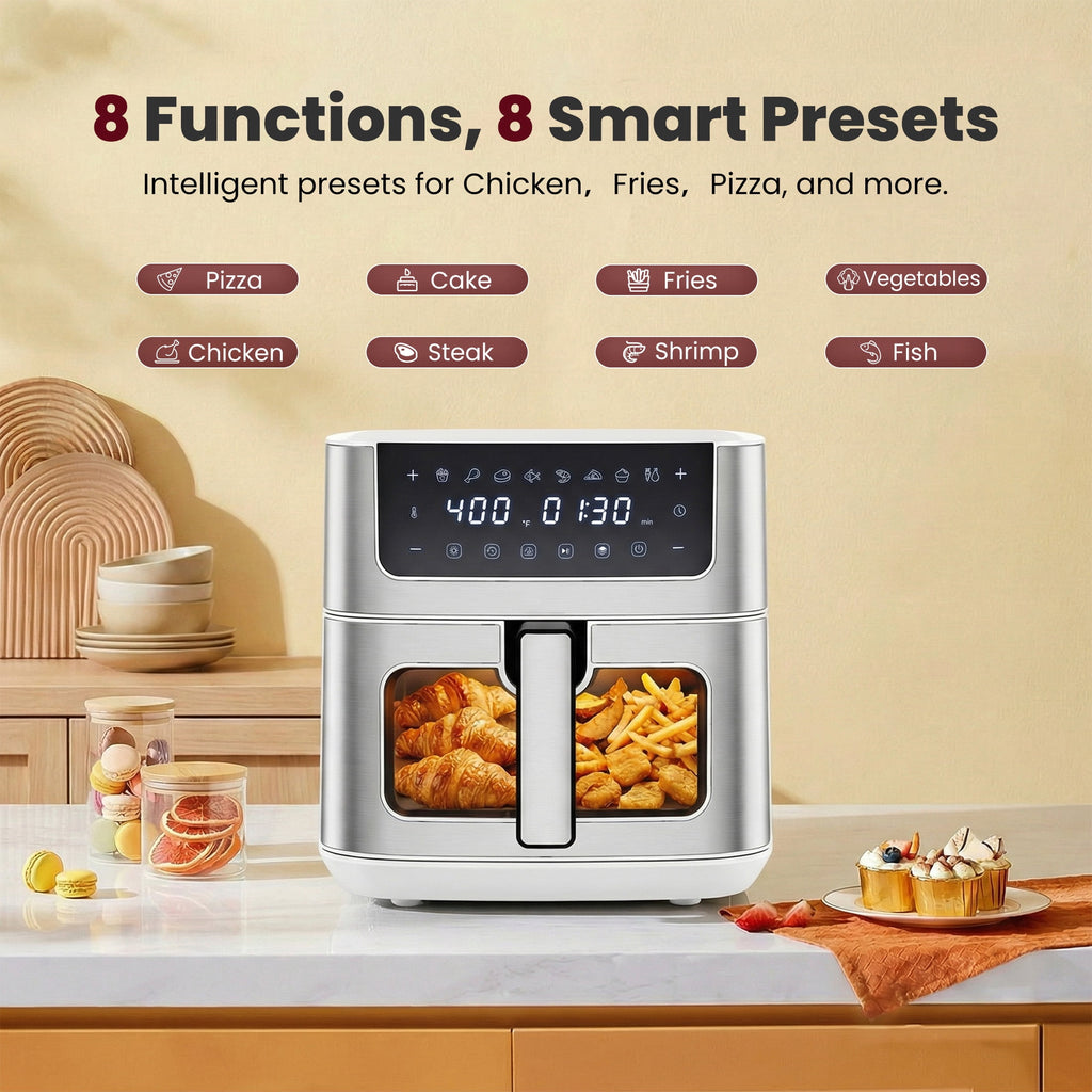 EDX 6QT Stainless Steel Air Fryer with Digital Touchscreen, 1500W, 8 Presets, Dishwasher Safe Basket, 90 Min Timer, 24H Delay Start, Gray