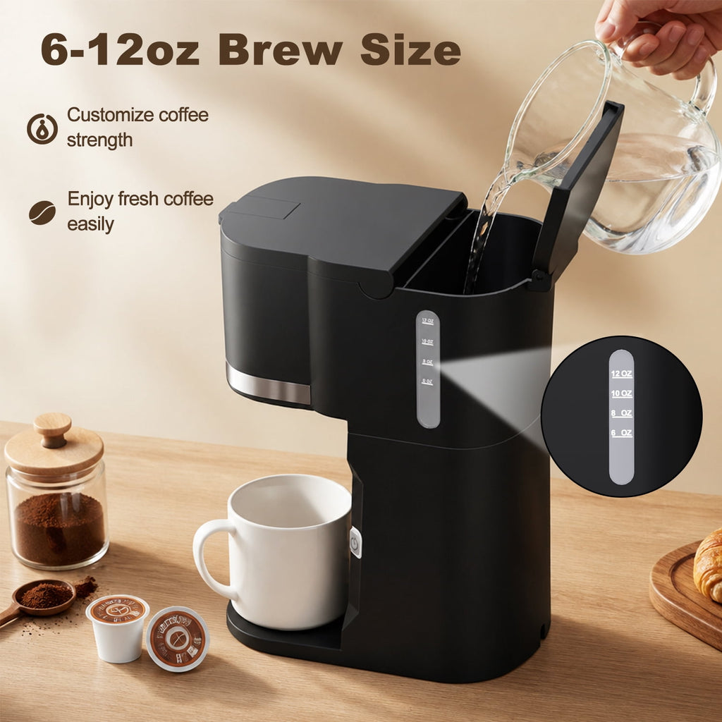 Bluebow Single Serve Coffee Maker, 6-12oz Brew Size for K Cup Pod & Ground Coffee& Tea, Fast Brew One Cup Small Coffee Machine for Home and Travel, Black